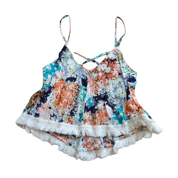 Sucre Collective Floral Crop Top Spaghetti Cross Back Strap Size Small Midriff - Picture 6 of 8